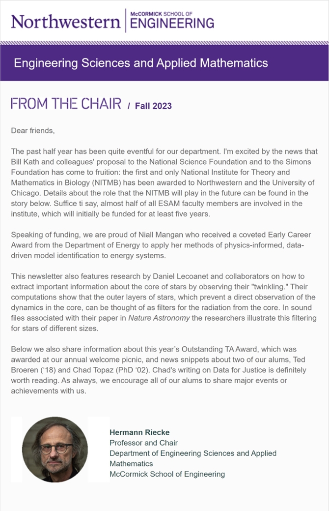 Picture of ESAM Chair, Hermann Riecke with message for the Fall 2023 Newsletter