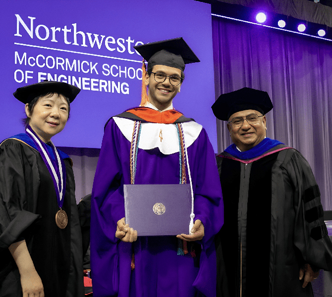 Youssef Abdelhalim, center, poses with Professors Wei Chen (left) and Manohar Kulkarni at the 2025 Undergraduate Commencement.