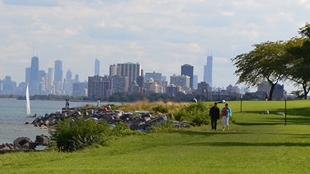 View of Chicago and Lake Michigan from campus