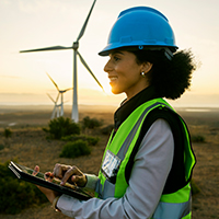 Woman in hard surveying a wind turbine.