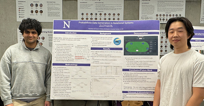 Bhuvan Madala (left) and Kevin Yang researched probabilistic programming languages, which enable predictive modeling by extending standard programming languages with tools for representing uncertainty.