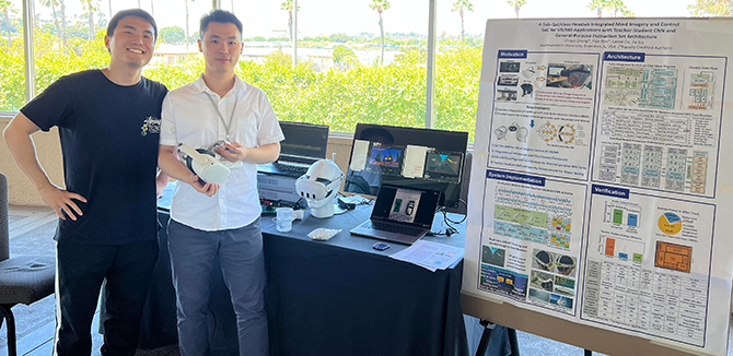 Computer engineering PhD students Zhiwei Zhong (R) and Xi Chen (L) presented a live demonstration of the VLSI team’s brain-machine interface.