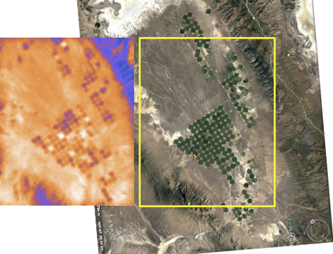 CTI image of a farm near Ely, Nevada compared with Google Earth. This flyover took place at 9:45 a.m. on May 2, 2019. Each field (circle) is ½-mile diameter. In the infrared image the state of each field — planted, fallow or cleared — can be discerned. The Google image was taken at a different time when the field usage was not the same. (Photo credit: NASA CTI Team)