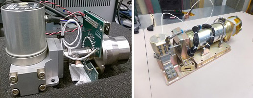 (L) The Ricor K508 cryocooler with the SLS detector array installed (together known as the IDCA) as delivered by QmagiQ to NASA's Goddard Space Flight Center. (R) The Flight Compact Thermal Imager (CTI) instrument fabricated with the IDCA. The SLS detector is cooled to ~80 K with the Ricor K508 cryocooler. The array operates in two spectral bands, selectable by reversing the detector bias, with longwave cutoffs at 5 and 10 microns. (Photo credit: NASA's CTI Team)