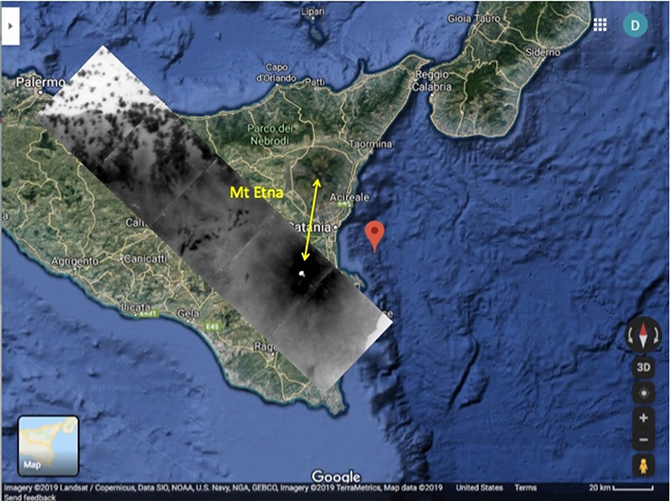 Mount Etna in Sicily, Italy, as seen by CTI on October 4, 2019. The ISS pass was directly over the volcano but is shown offset from the Google Map. Mount Etna was modestly active at the time of this image and its caldera is visible as a hot spot in the infrared. The flanks of the mountain, whose height is 3300 meters, appear dark in the infrared image because the surface is cooler at higher altitudes. (Photo credit: NASA CTI Team)