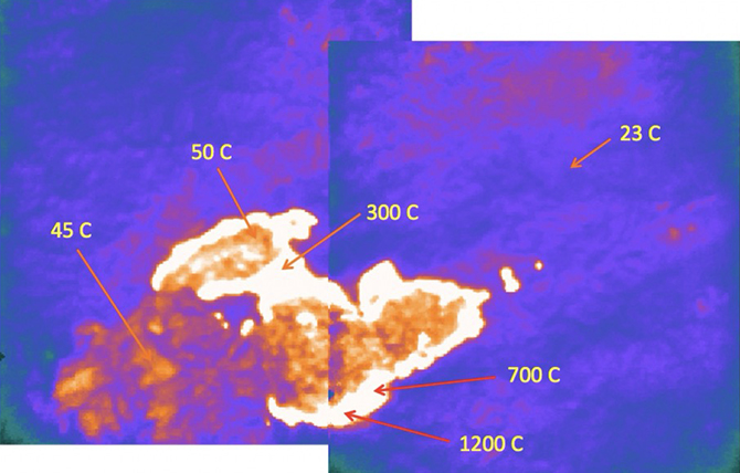Fire in eastern Australia observed on November 8, 2019, by NASA's CTI installed on the International Space Station. Highest temperatures are on the fire fronts. Previously burned areas behind the fronts are cooler, but still warmer than the un-burned area at upper right. (Photo credit: NASA CTI Team)