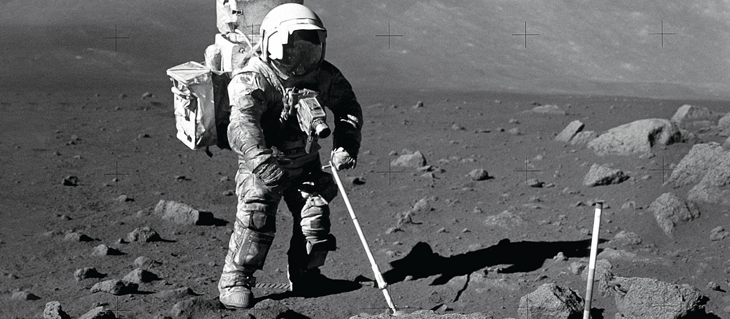 Astronaut gathering samples on the lunar surface 
