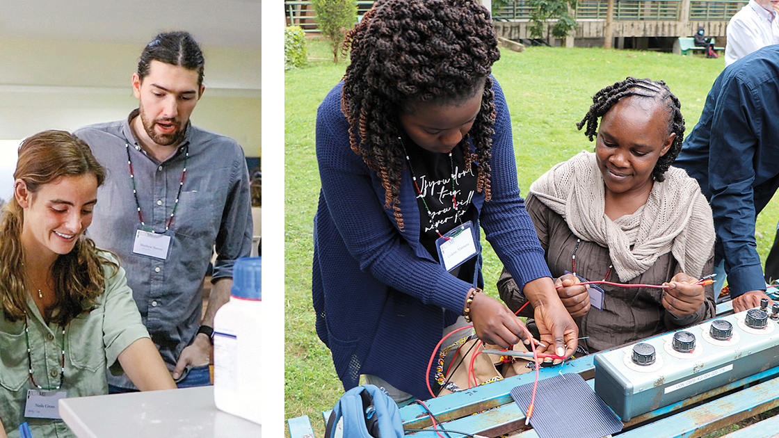 left PhD student Matthew Sweers reviews a laboratory exercise at JUAMI 2023 in Nairobi, Kenya. right JUAMI teaches the fundamentals of materials research through hands-on activities.